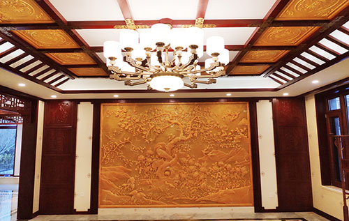 松溪中式别墅客厅中式木作横梁吊顶装饰展示